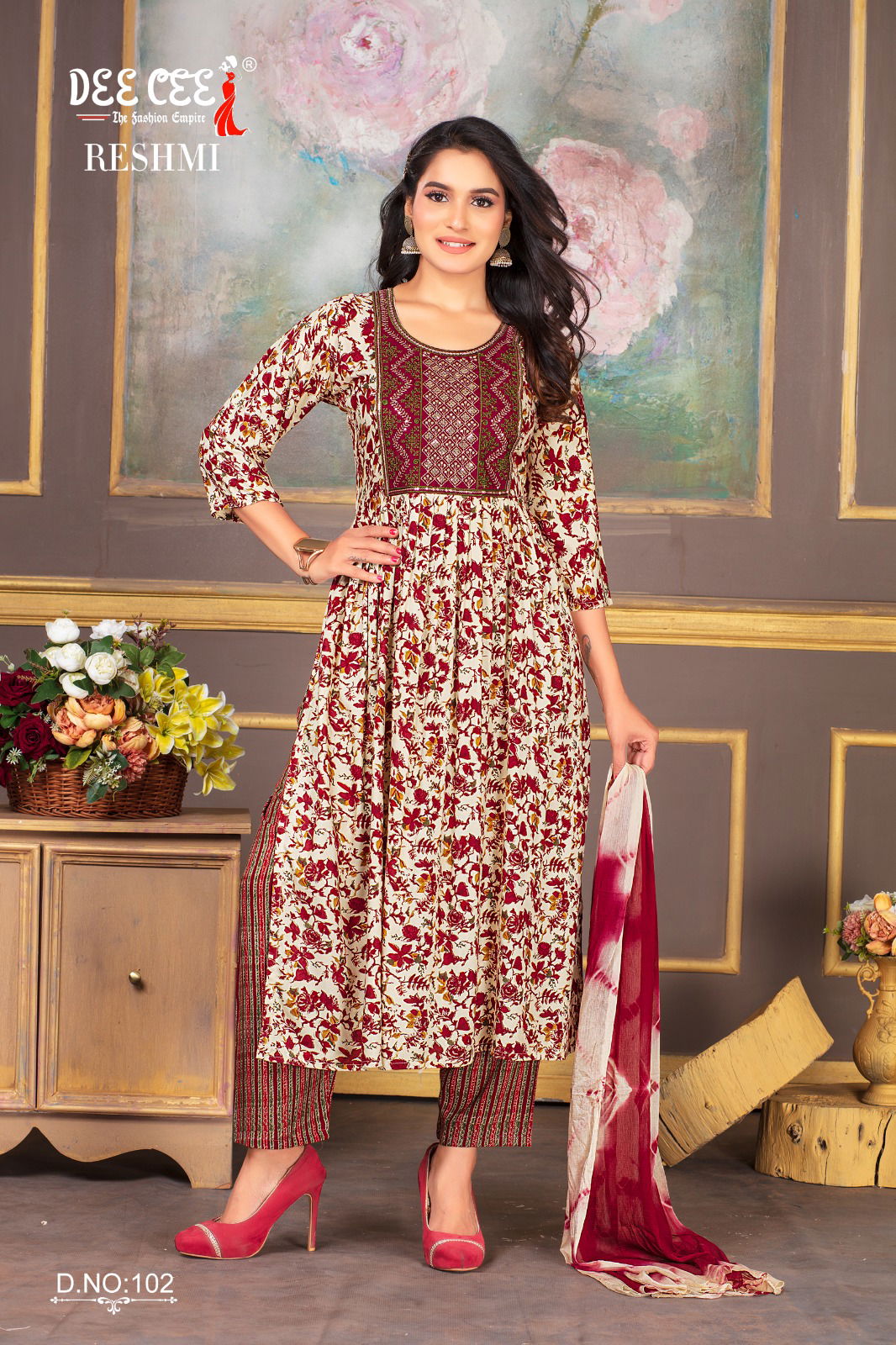 Reshmi By Deecee Rayon Foil Printed Naira Cut Kurti With Bottom Dupatta Wholesale Price In Surat